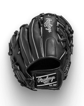 Black Rawlings baseball glove with white stitching. Rawlings Est. 1887 is visible on the wrist.